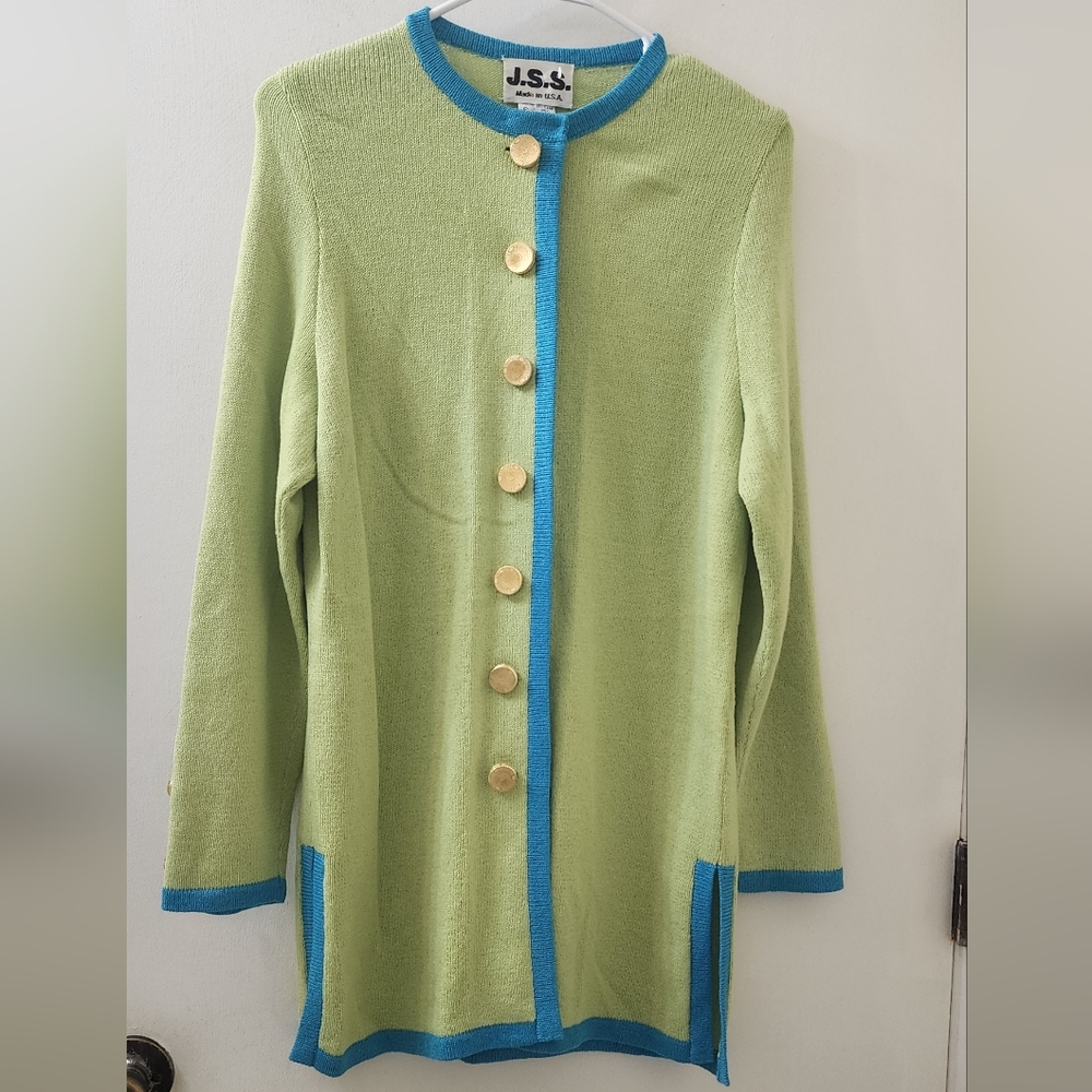 J.S.S Women's Green Cardigan with Blue Trim, Size Small,‎ Wool And Rayon.